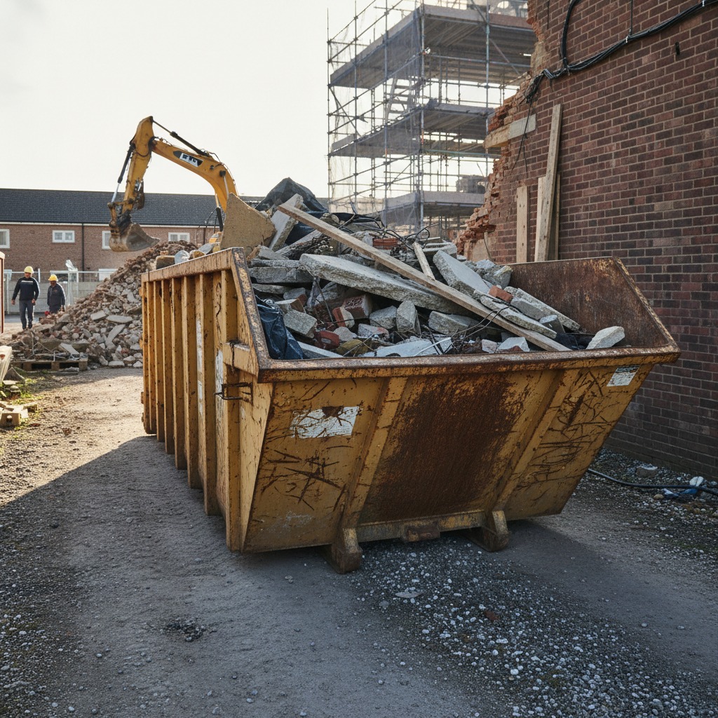 En stor gul affaldscontainer fyldt med bygningsaffald og murbrokker står på en byggeplads foran en murstensbygning.